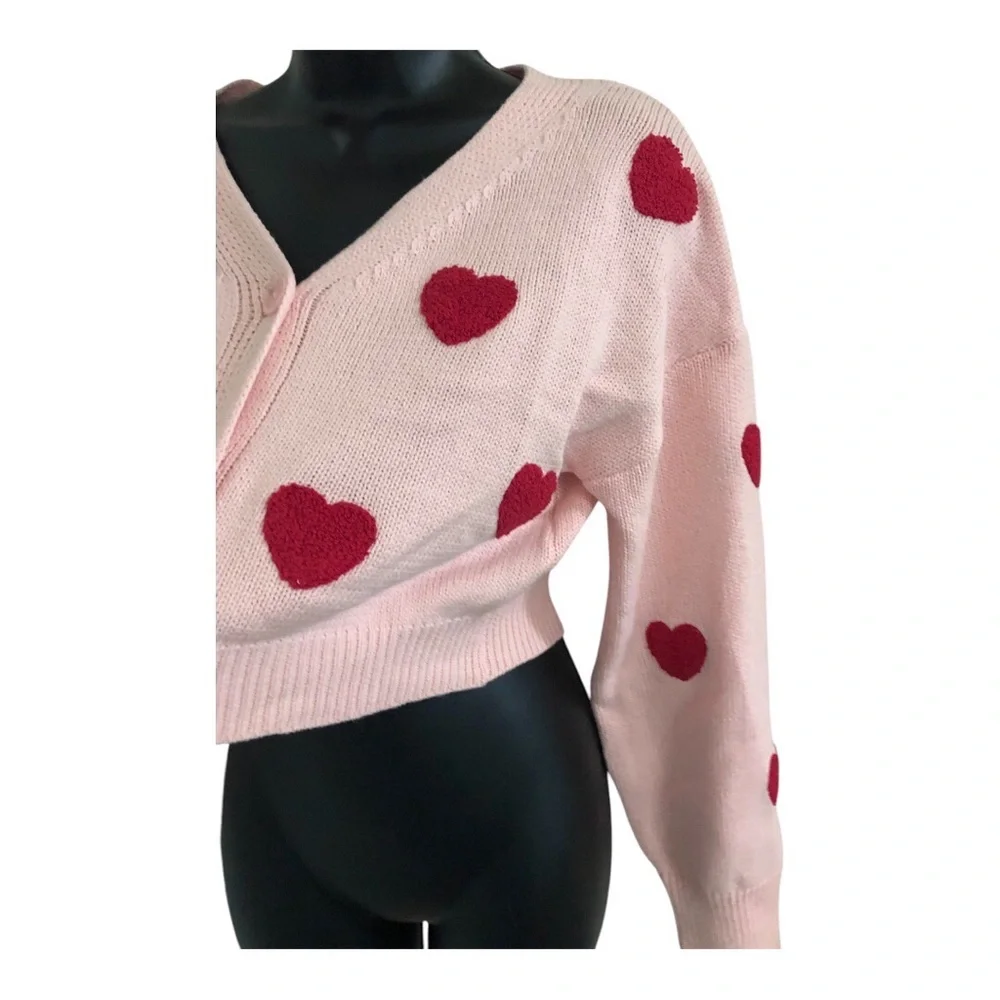 Jessica Simpson tufted embroidered red hearts cropped pink cardigan‎ size medium